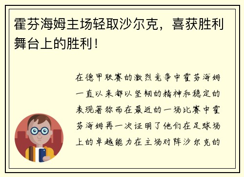 霍芬海姆主场轻取沙尔克，喜获胜利舞台上的胜利！