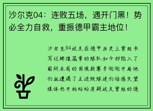 沙尔克04：连败五场，遇开门黑！势必全力自救，重振德甲霸主地位！