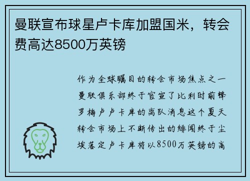 曼联宣布球星卢卡库加盟国米，转会费高达8500万英镑