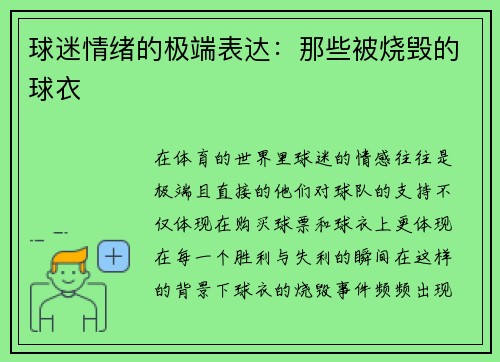 球迷情绪的极端表达：那些被烧毁的球衣