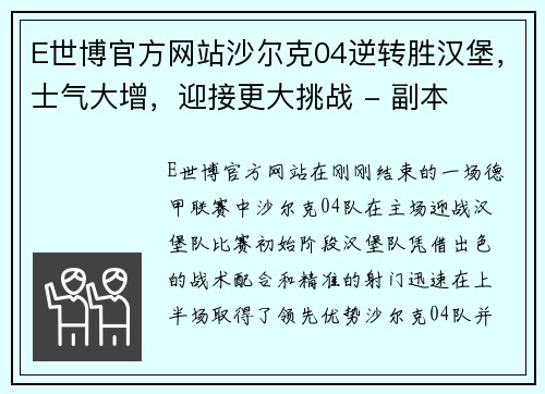 E世博官方网站沙尔克04逆转胜汉堡，士气大增，迎接更大挑战 - 副本