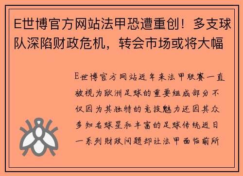 E世博官方网站法甲恐遭重创！多支球队深陷财政危机，转会市场或将大幅收缩 - 副本